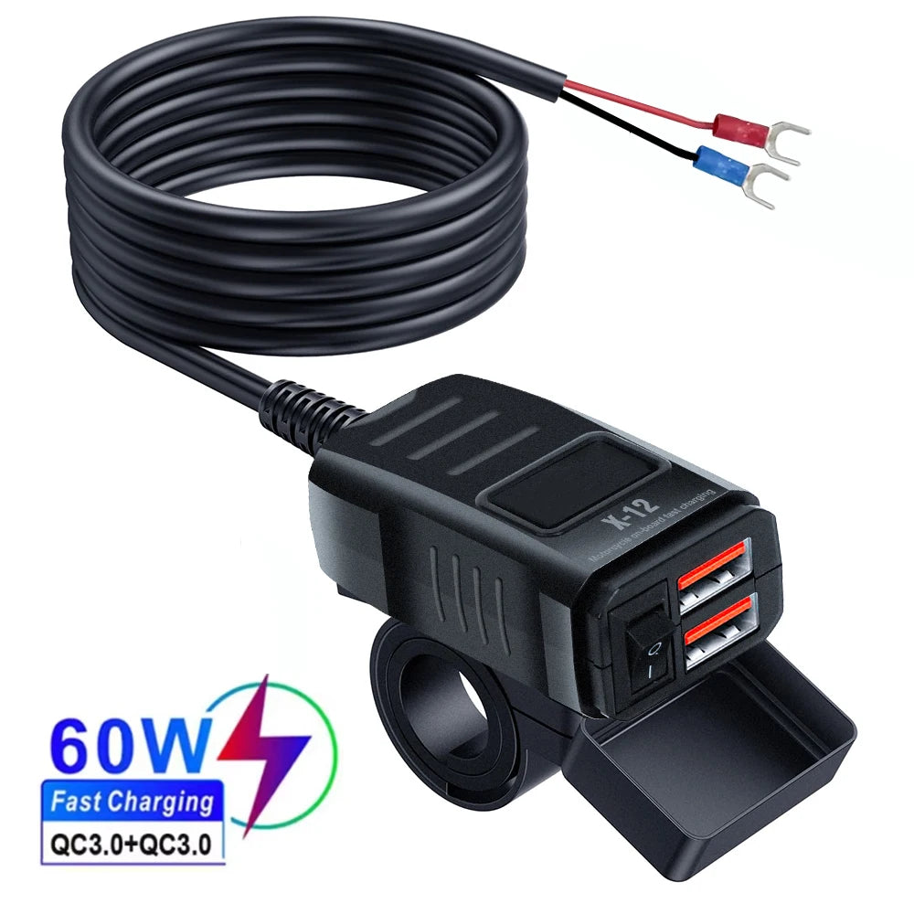 Dual USB Socket Motorcycle Charger 60W Waterproof PD QC3.0 Voltmeter Handlebar