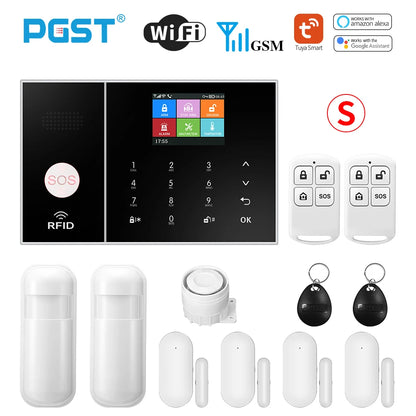 PGST Smart Life Alarm System for Home WIFI GSM Security Alarm Host with Door and Motion Sensor Tuya Smart App control work Alexa-EXPROTAS
