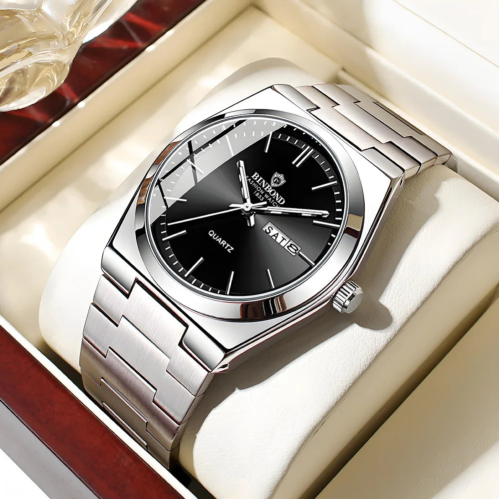 UTHAI Men’s Stainless Steel Watch Double Calendar Luxury Waterproof Business Quartz