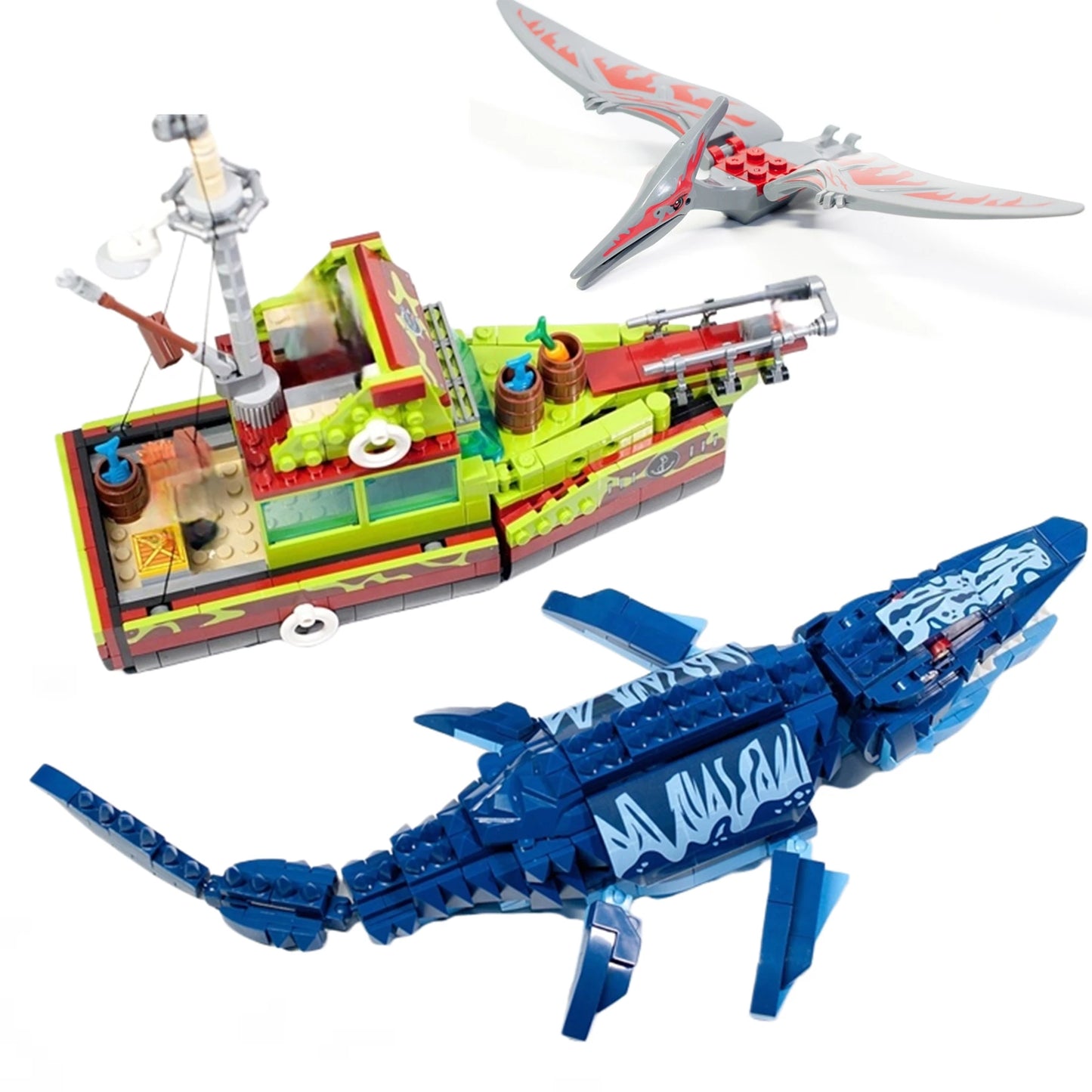 Jurassic Ocean Escape Ship Building Blocks MOC Mosasaurus Dinosaur Brick Set