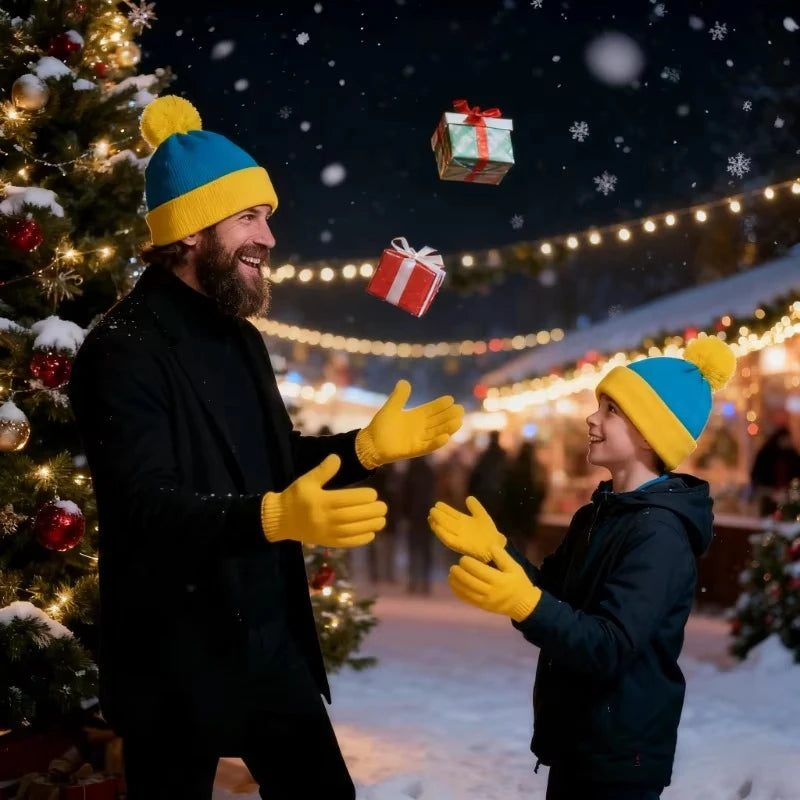 2pc Funny Christmas Beanie Hat Gloves Unisex Winter Knit Costume Accessories