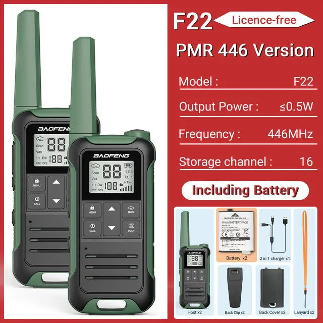 2Pcs Walkie Talkie Baofeng F22 Long Range PMR446 2-Way Radio for Camping