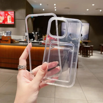 Transparent Card Holder Shockproof Soft Case for iPhone 12-16 Pro Max