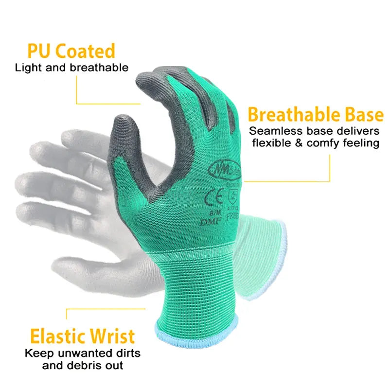 24 Pairs Work Gloves Safety Coated Grip Builders Gardening PU Black