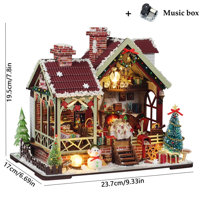 DIY Wooden Dollhouse Christmas Lodge Miniatures with LED Lights Assembly Model Gift - EXPROTAS
