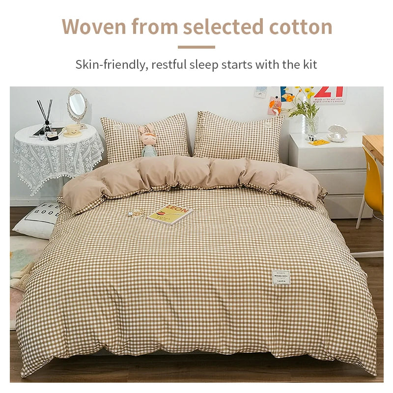 Cotton Duvet Cover 100% Cotton Bedding Set with Plaid Stripe 1 Duvet 2