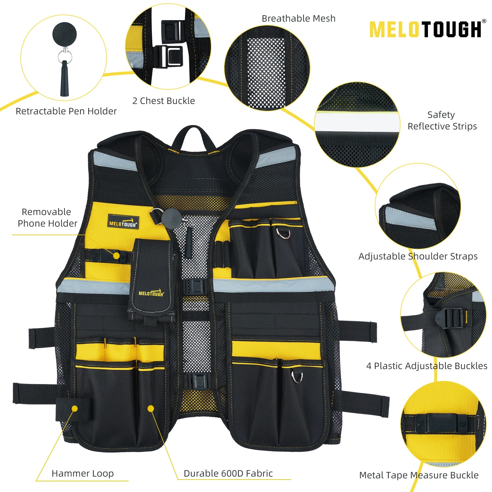 MELOTOUGH Tool Vest Reflective Safety Tool Vest with Removable Phone Holder for Electrician,Carpenter,Construction-EXPROTAS