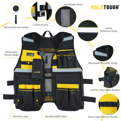 MELOTOUGH Tool Vest Reflective Safety Tool Vest with Removable Phone Holder for Electrician,Carpenter,Construction-EXPROTAS