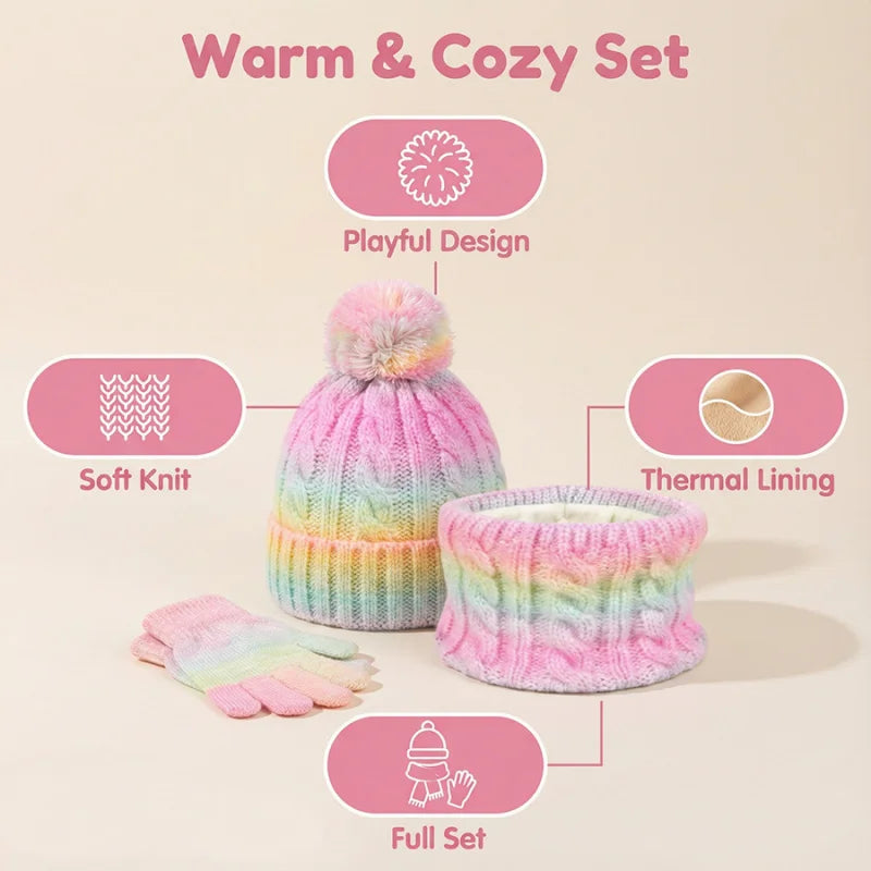 Kids Winter Hat Scarf Gloves 3Pcs Set Warm Knitted Beanie Pom