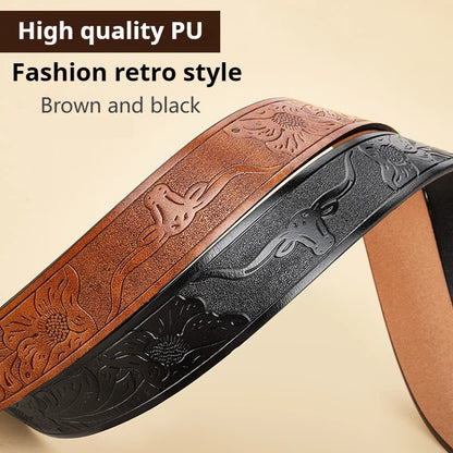 Cowboy Leather Belt Western Longhorn Bull Floral Engraved Buckle for Men
