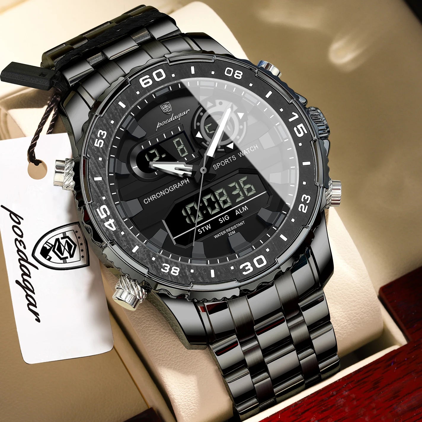 Stainless Steel Poedagar Men’s Waterproof Quartz Luminous Wristwatch Date
