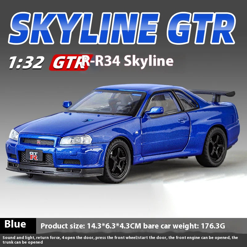 1:32 Nissan GTR R34 Skyline Supercar Alloy Metal Diecast Car Model Sound & Light Collection of Hobby Models Trendy Ornament Gift