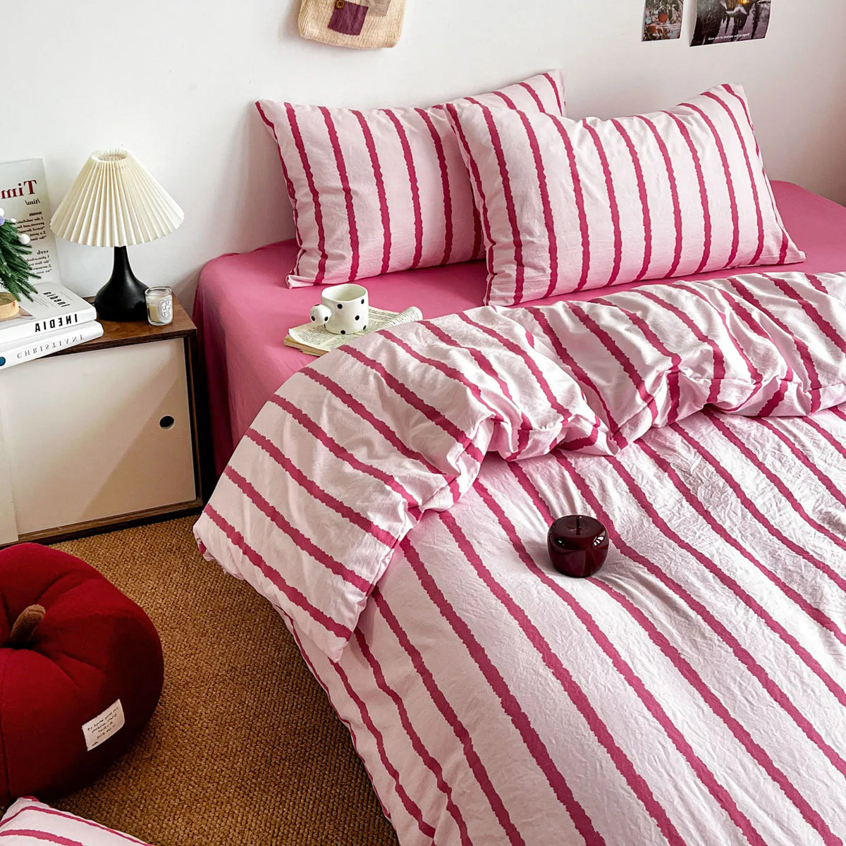3pcs Pink Striped Duvet Cover Bedding Set with Pillowcases Soft Cotton 150x200cm