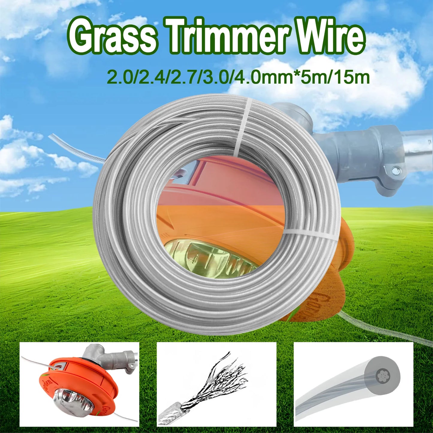 Grass Cutting Rope 15M Steel Wire Trimmer Line Nylon Garden Strimmer