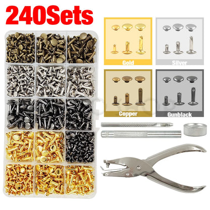 240Pcs Double Cap Rivets Studs Metal for Leather Craft Bag Repair