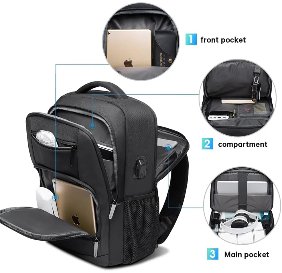 Waterproof Travel Bag Backpack USB Port Fits 15.6" Laptop Unisex