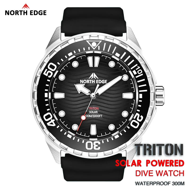 NORTH EDGE TRITON 2025 Solar Dive Watch Men 300M Waterproof Stainless Steel
