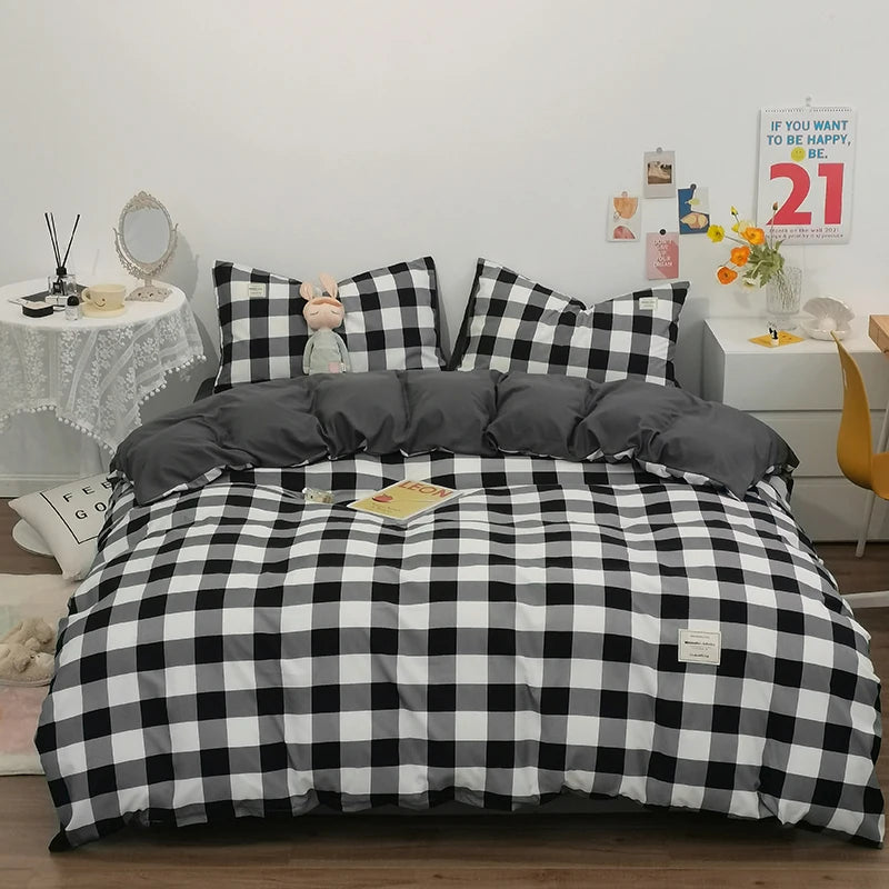 Cotton Duvet Cover 100% Cotton Bedding Set with Plaid Stripe 1 Duvet 2
