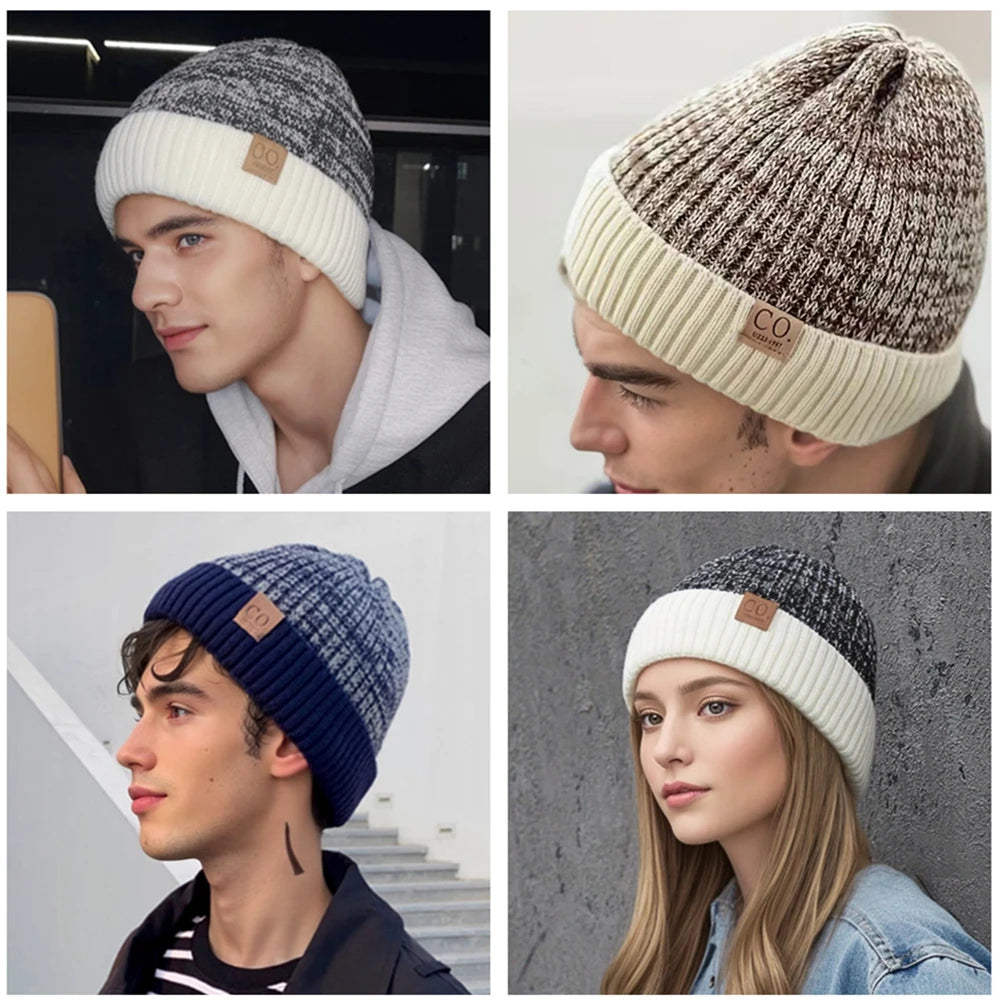 Unisex Two-tone Winter Hats Fur Lined Warm Beanie Cap for Men Women