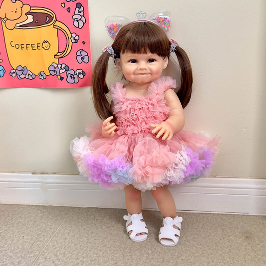 NPK 55CM Reborn Toddler Doll with Pink Dress Full Body Soft Silicone Raya Lifelike Soft Touch High Quality Doll Gifts-EXPROTAS