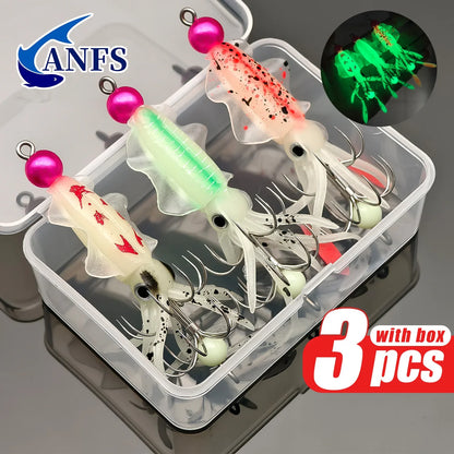 3pcs Squid Jig Hook Lures Luminous Fishing Bait for Shrimp Octopus Cuttlefish