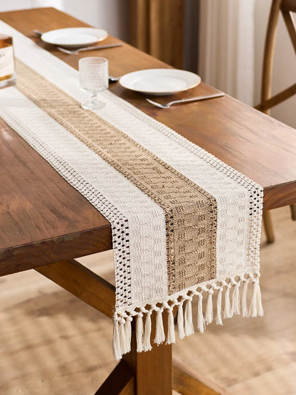 Boho Table Runner Macrame Cream Brown Tassels Farmhouse Home Decor