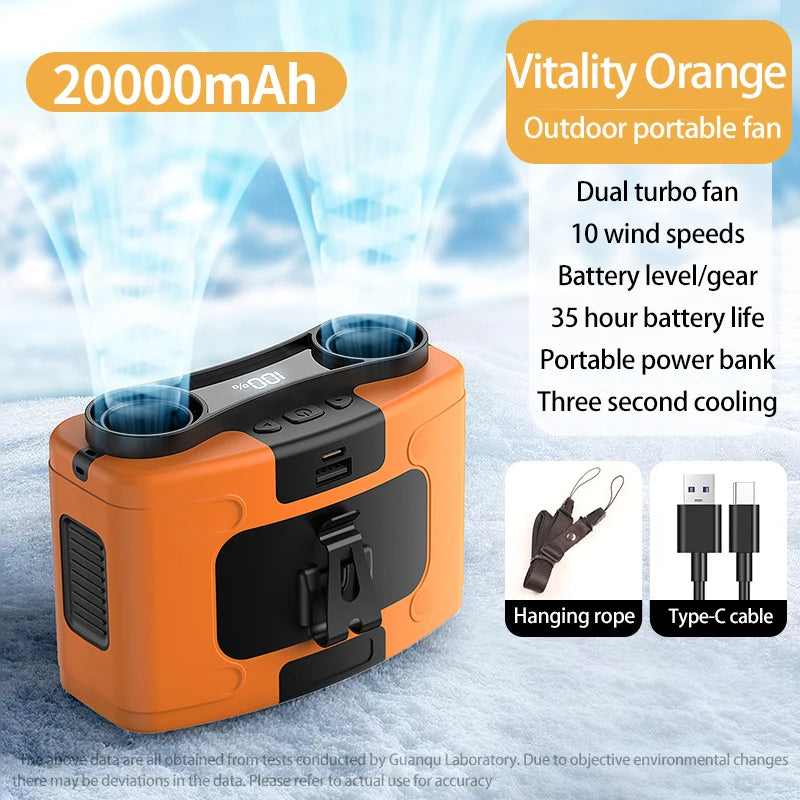 20000mAh Outdoor Portable Waist Fan Hanging Neck Fan Strong Wind with Power Bank LED Lighting for Sports Courier Outdoor Working-EXPROTAS