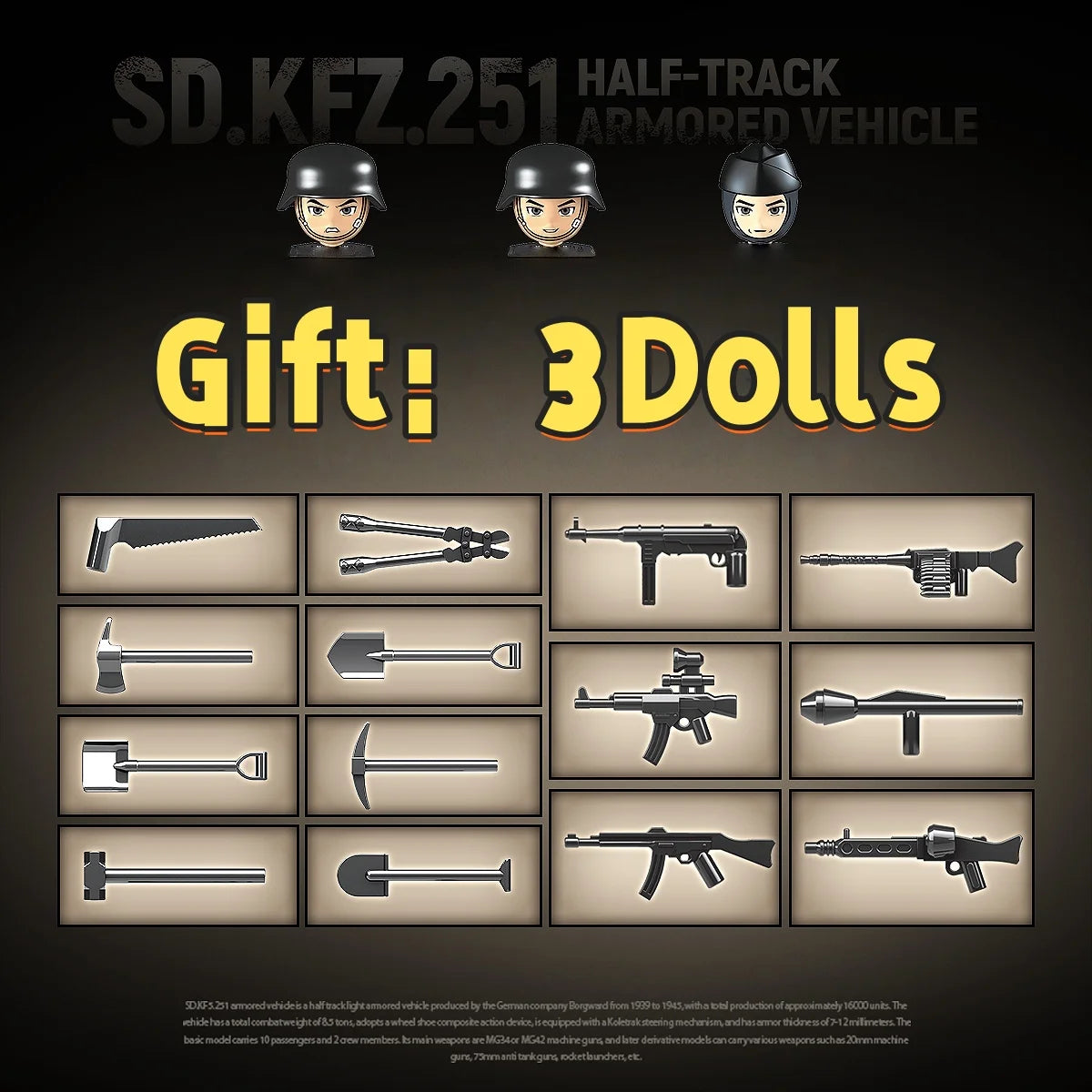 WW2 German Sd.Kfz.251 Half-Track Armored Vehicle Building Blocks Ruins Brick Model Gift