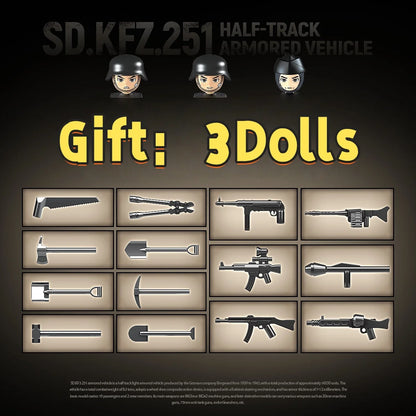 WW2 German Sd.Kfz.251 Half-Track Armored Vehicle Building Blocks Ruins Brick Model Gift