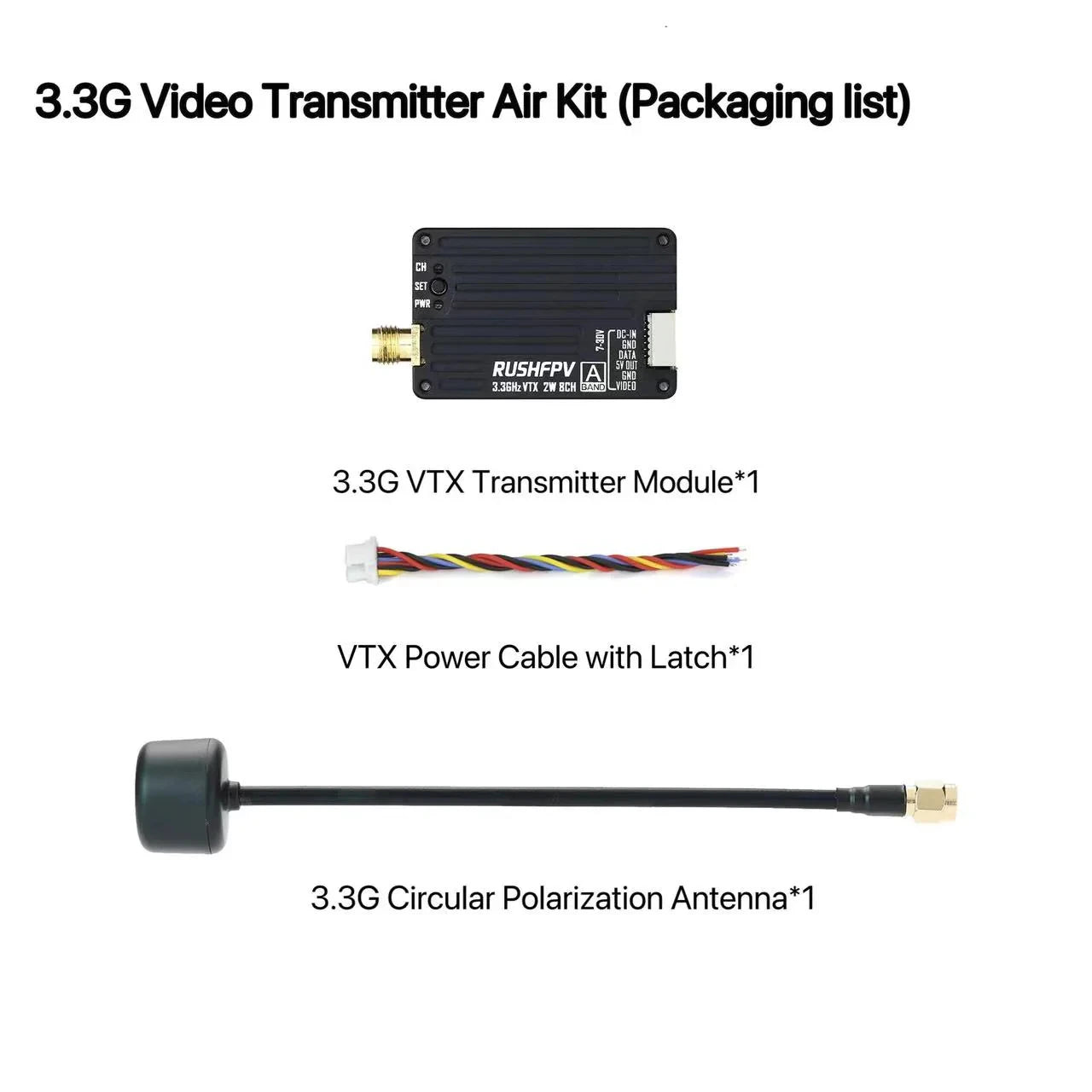 RUSHFPV 3.3G 2W VTX FPV Transmitter Receiver DVR Module with Antenna for Long Range RC Drone