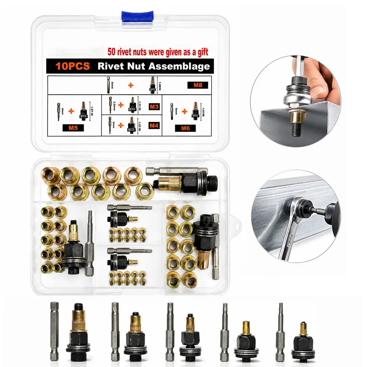 60PCS Carbon Steel Rivnut Manual Riveter Set for M3 M4 M5 M6 M8