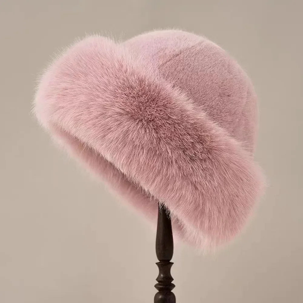 Fluffy Fur Bucket Hat Women Winter Warm Plush Fisherman Cap Thick