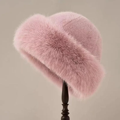 Fluffy Fur Bucket Hat Women Winter Warm Plush Fisherman Cap Thick
