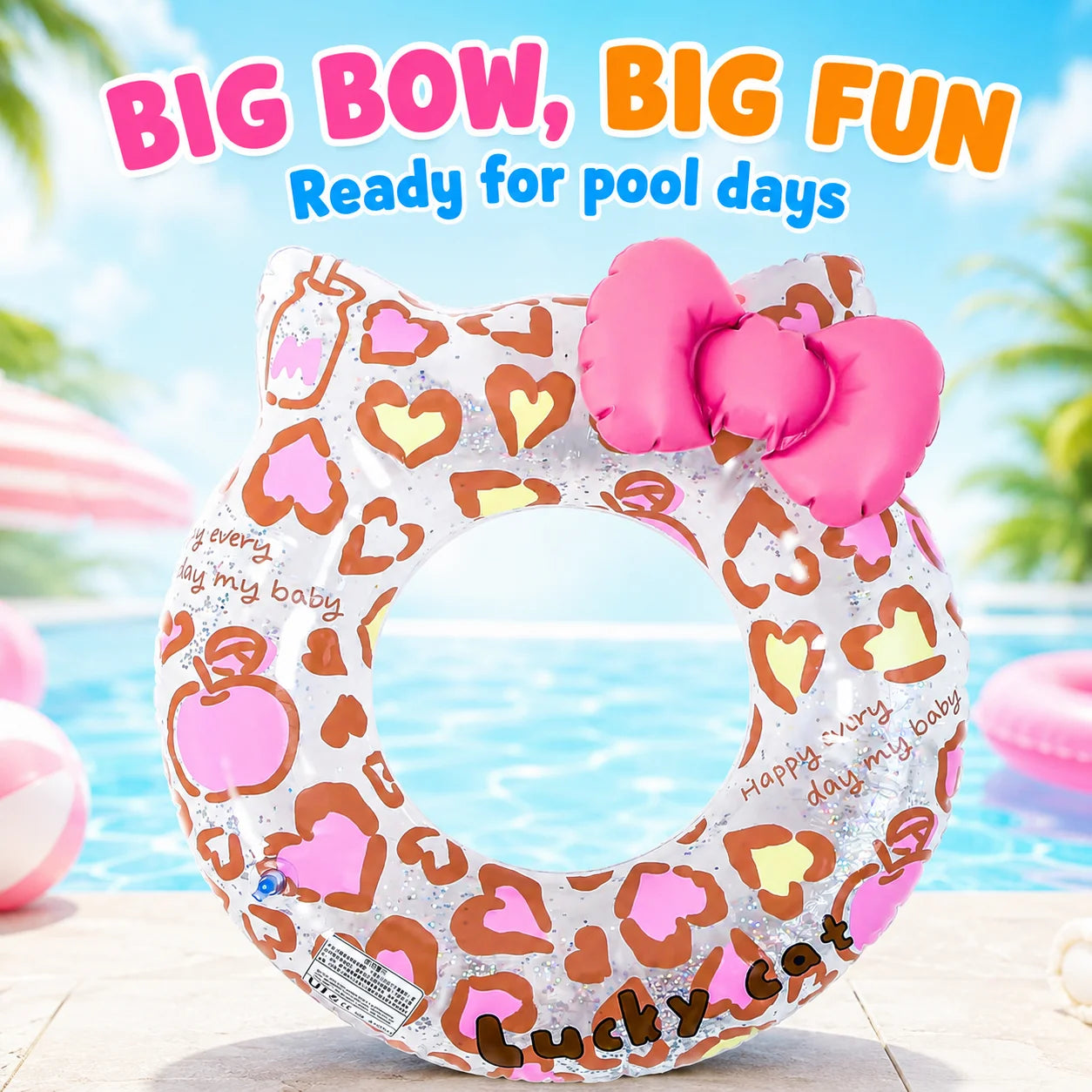 1PC Cute Cat Inflatable Swim Ring with Bowknot, Pool Floats Tube, Summer Water Toy Beach Swimming Circle for Family Pool Use