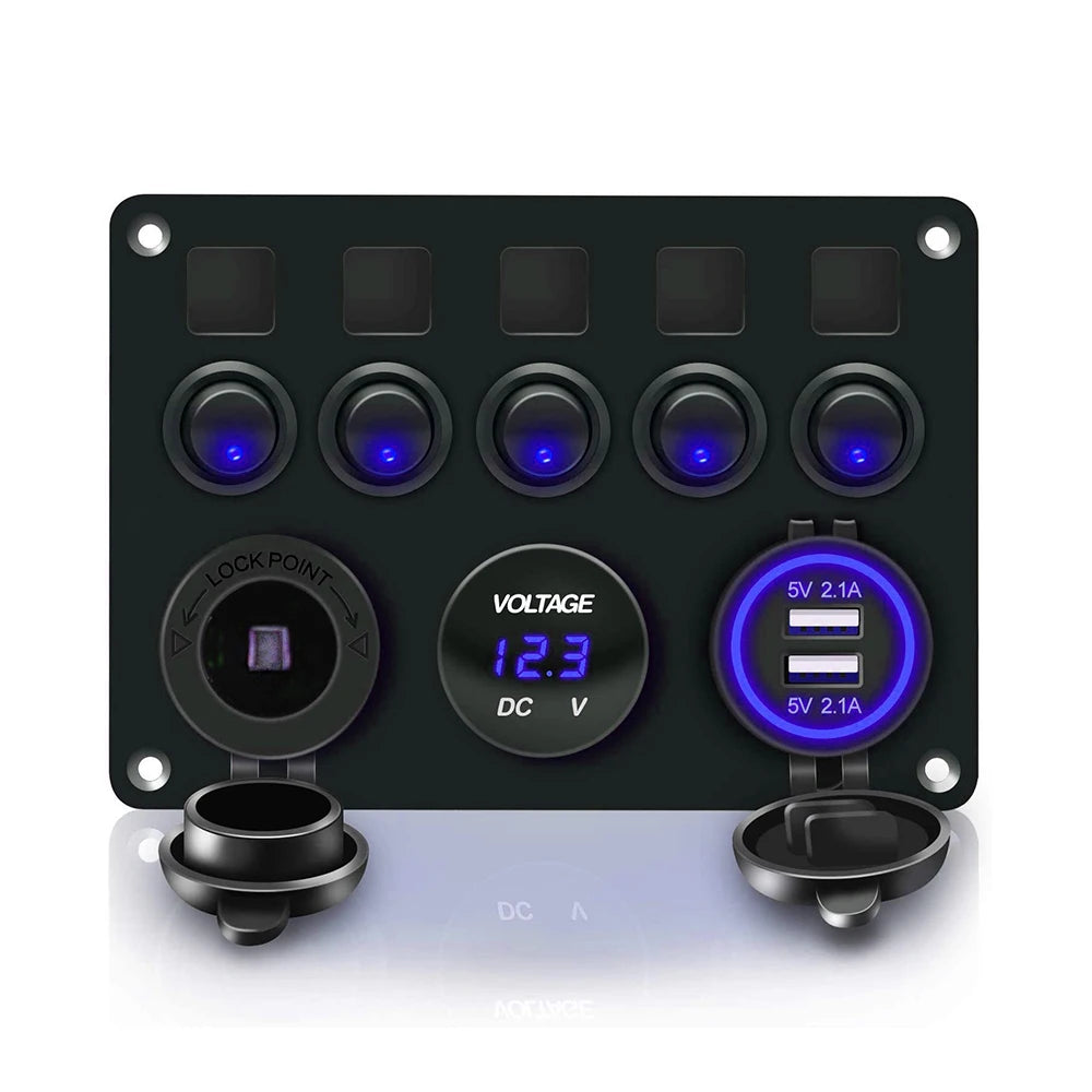 5 Gang Switch Panel 12V USB Voltmeter Toggle for Boat Car Truck RV ATV