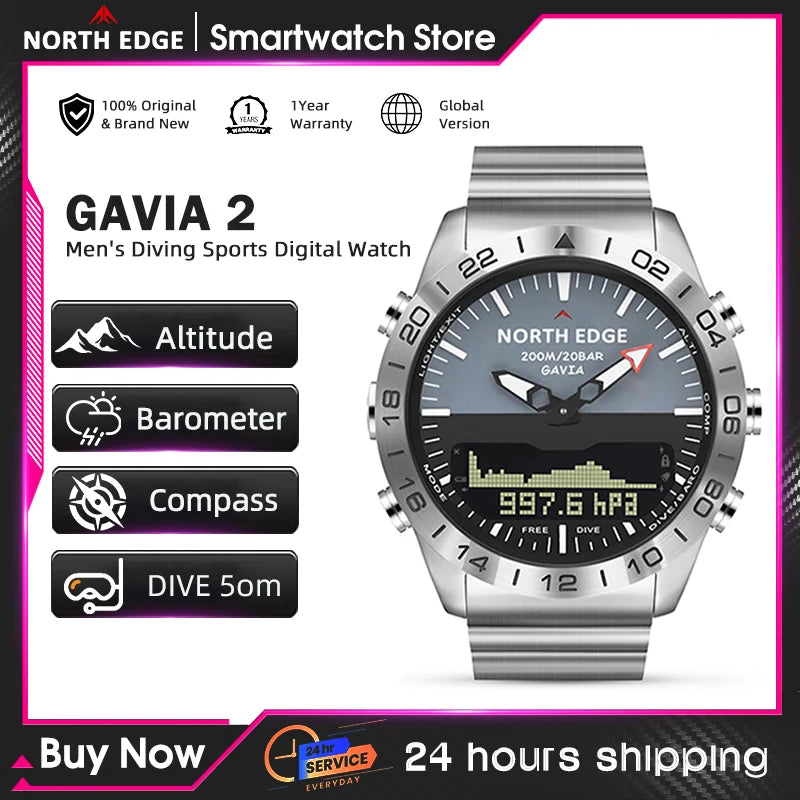North Edge Men's 200M Waterproof Dive Watch Digital Compass Altimeter