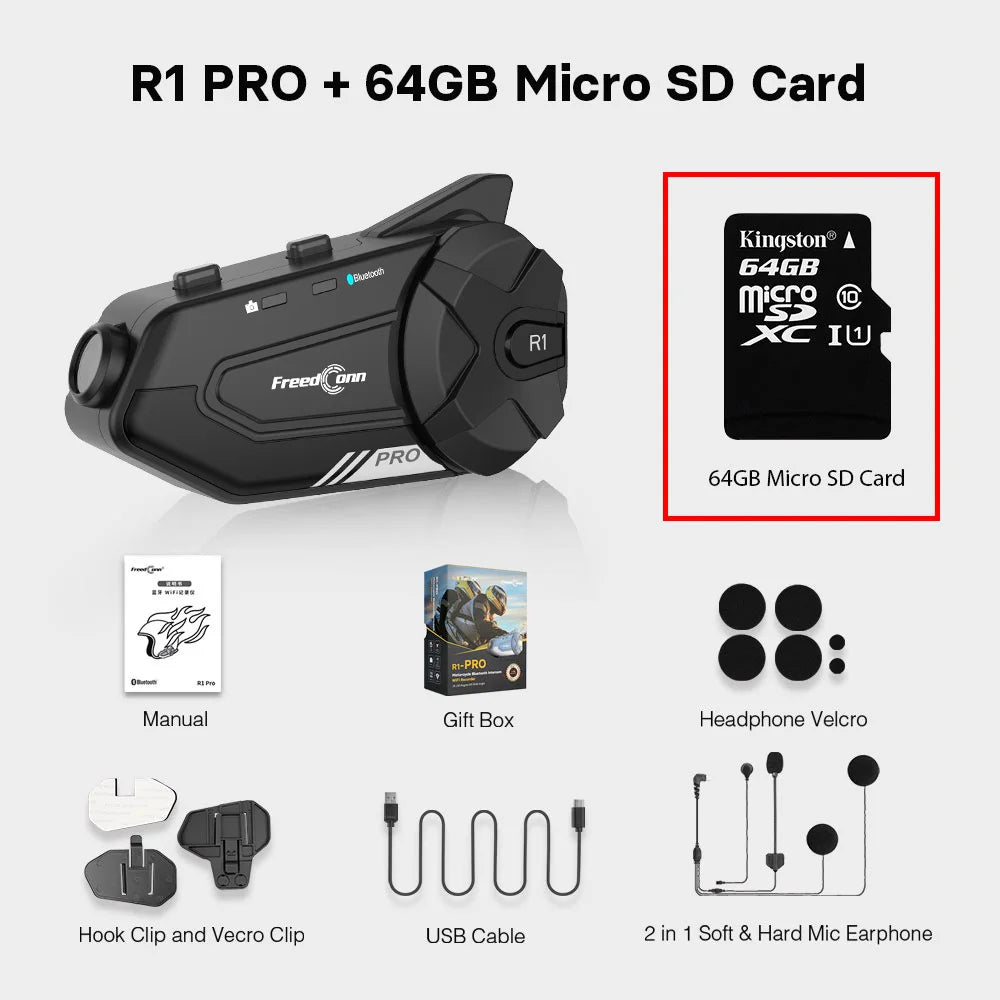 Freedconn R1 Pro Bluetooth Motorcycle Intercom Helmet Headset Group Speaker Headphone WiFi App Motorbike Dash Cam Moto Auto Dvr-EXPROTAS
