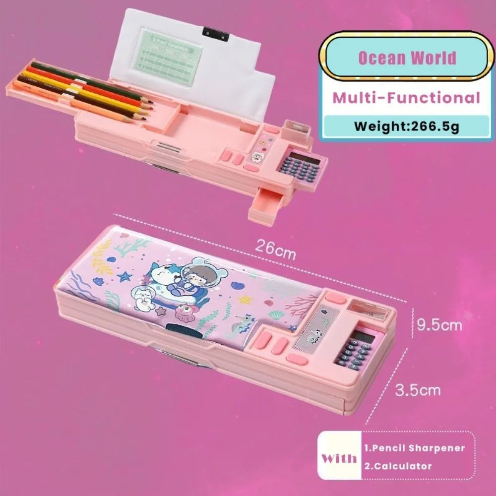 Double Layer Pencil Case with Calculator Sharpener Storage Box for School