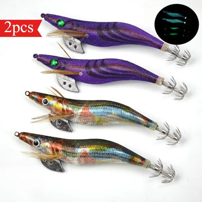 2pcs Shrimp Jig Lure 13cm Luminous Squid Octopus Saltwater Fishing Hooks