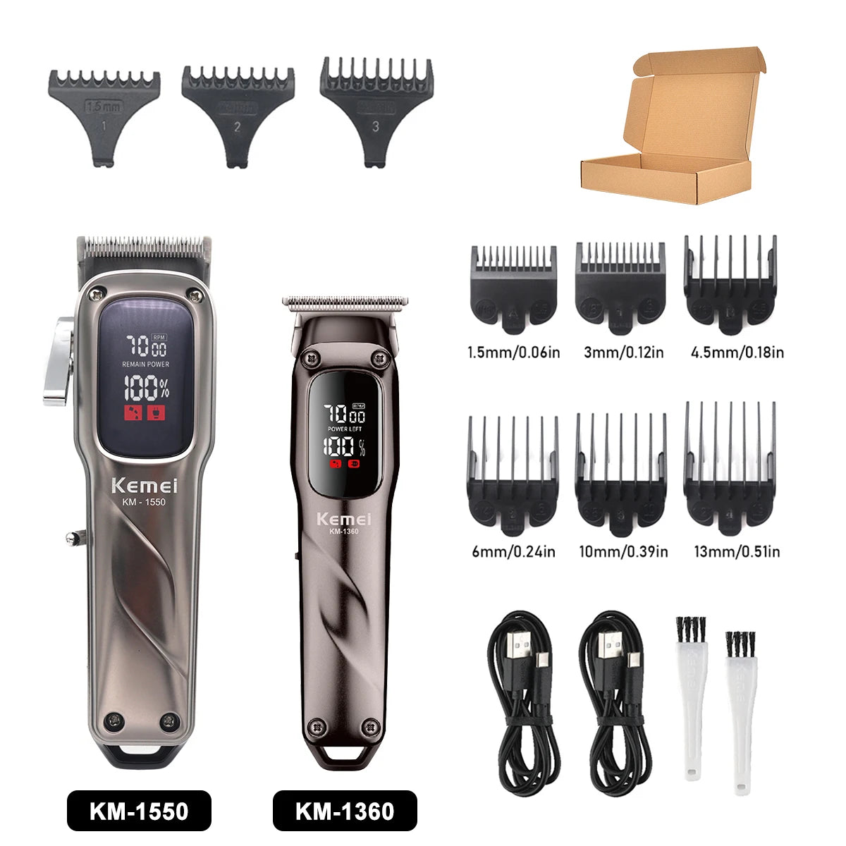 Kemei Cordless Hair Clipper Professional Trimmer USB LED Low Noise Cutting