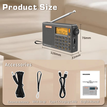SIHUADON R108 DSP Portable Radio AM FM SW Airband LCD Type-C Receiver 500 Presets - EXPROTAS