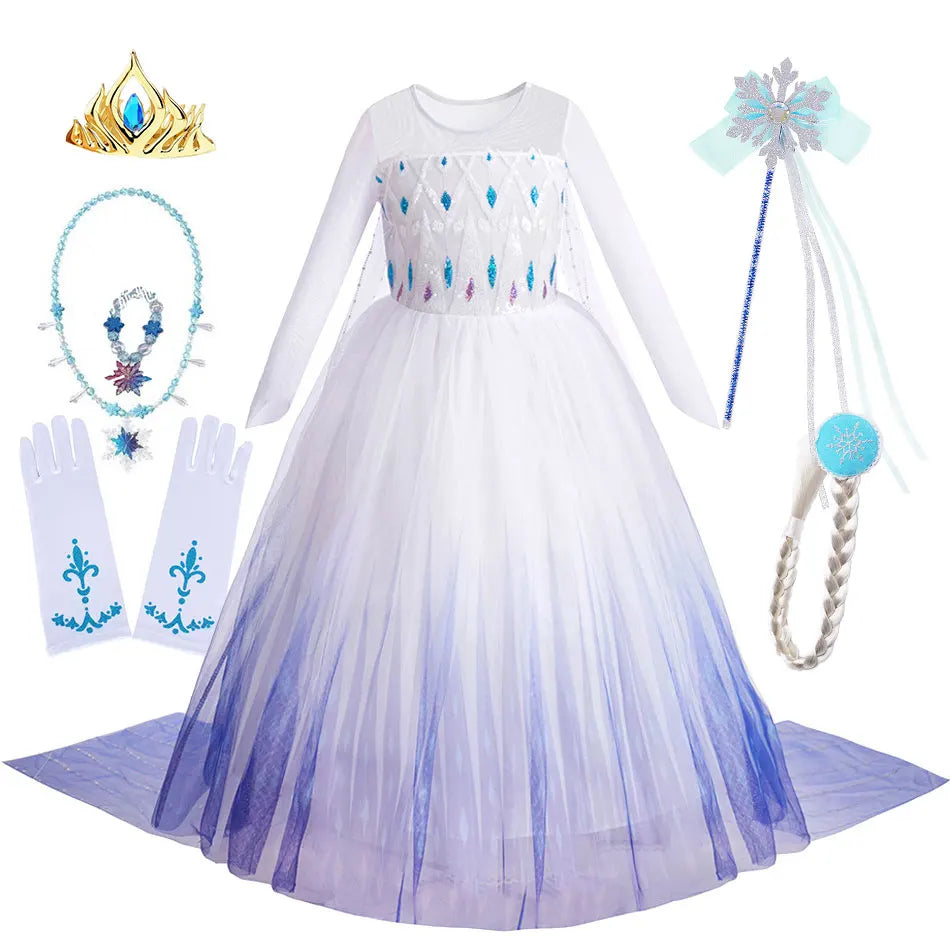 Disney Kids Frozen Birthday Party Princess Dress White Elsa Sequined Mesh Vestidos Halloween Cosplay Snow Queen Carnival Costume-EXPROTAS