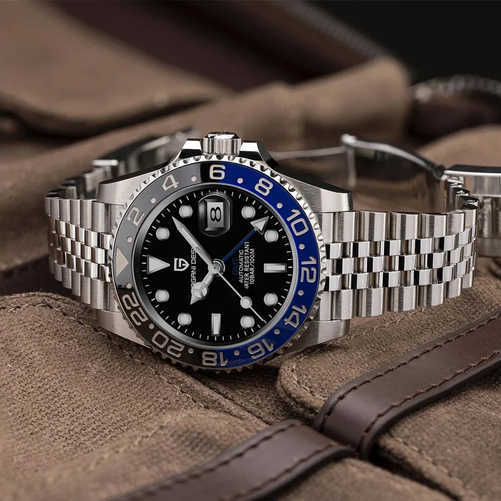 PAGAN DESIGN PD-1662 Luxury GMT Men Mechanical Wristwatch Sapphire Glass Stainless Steel 100M Waterproof Automatic Watches-EXPROTAS