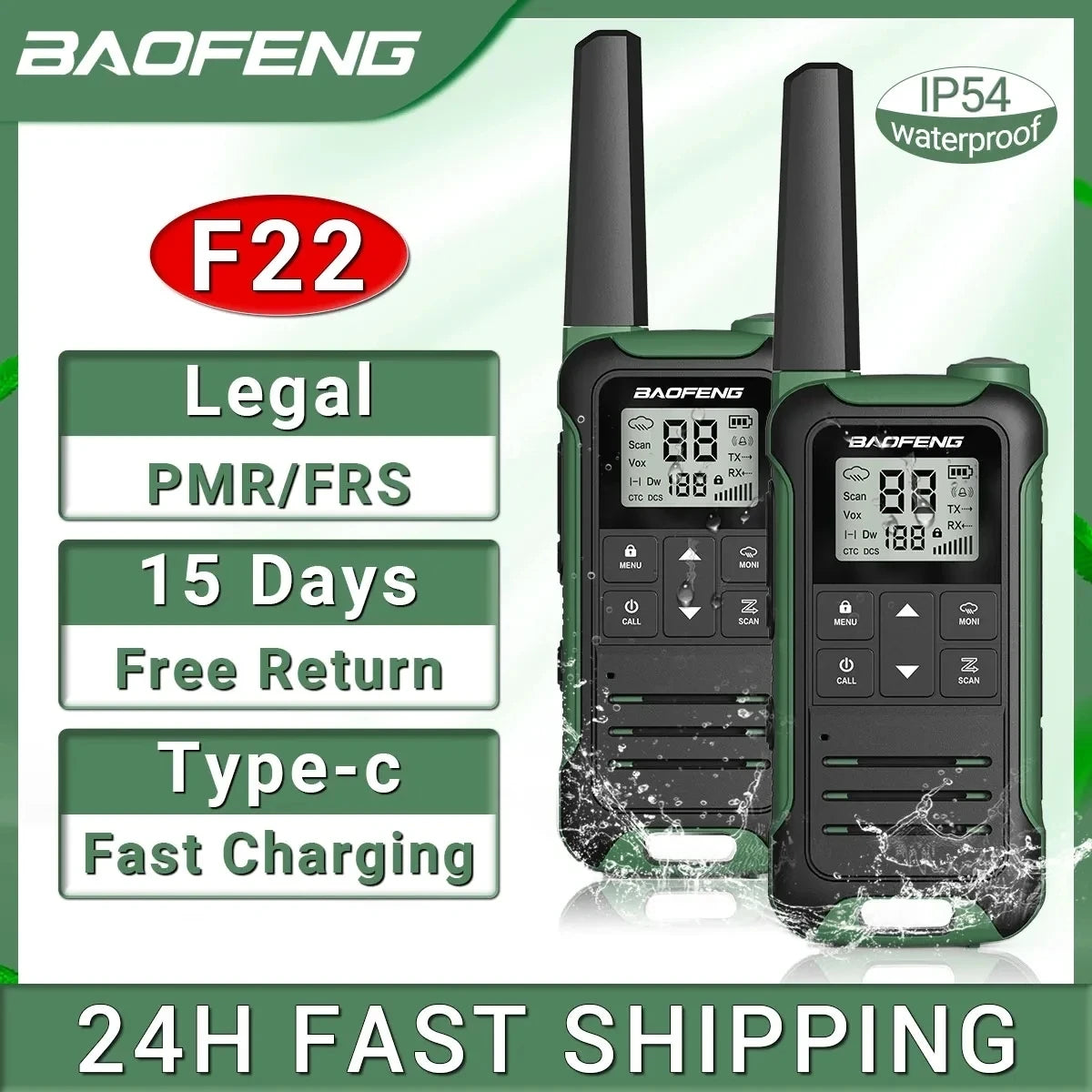 2Pcs Walkie Talkie Baofeng F22 Long Range PMR446 2-Way Radio for Camping