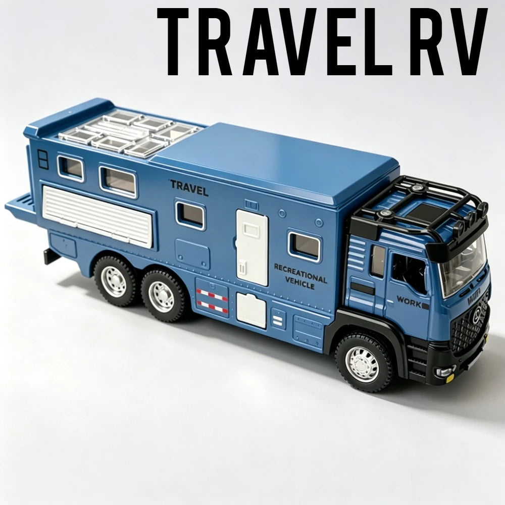 1:43 Diecast Camper Van Model Toy with Sound Light Adjustable Roof Doors