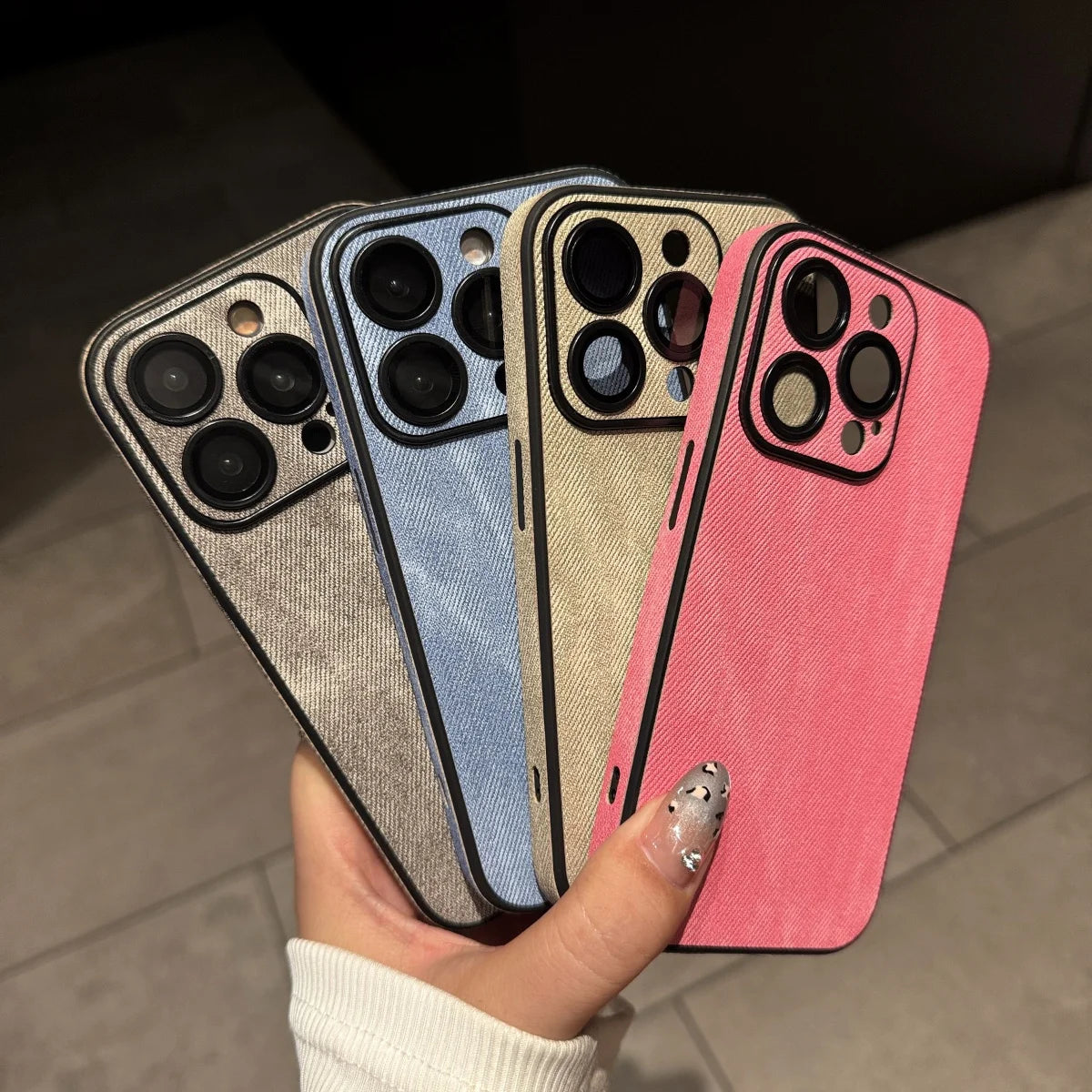 Washed Leather Fabric Phone Case for iPhone 11-17 Air Pro Max Lens Protection