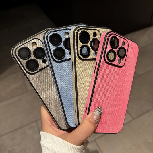 Washed Leather Fabric Phone Case for iPhone 11-17 Air Pro Max Lens Protection