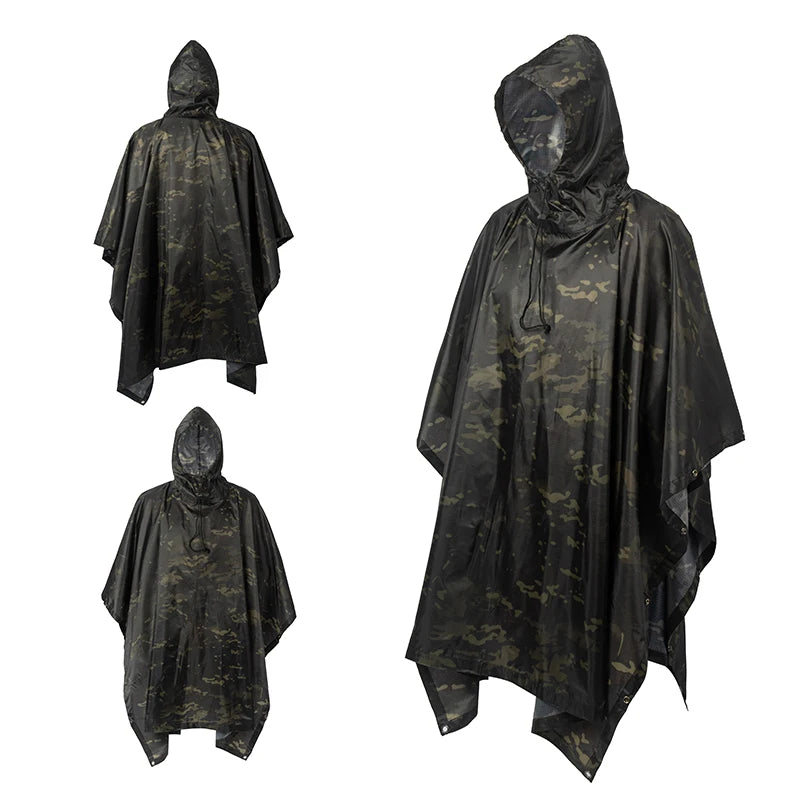 Men's Military Camo Waterproof Raincoat, Impermeable Zipper Rain Poncho for Motorcycle