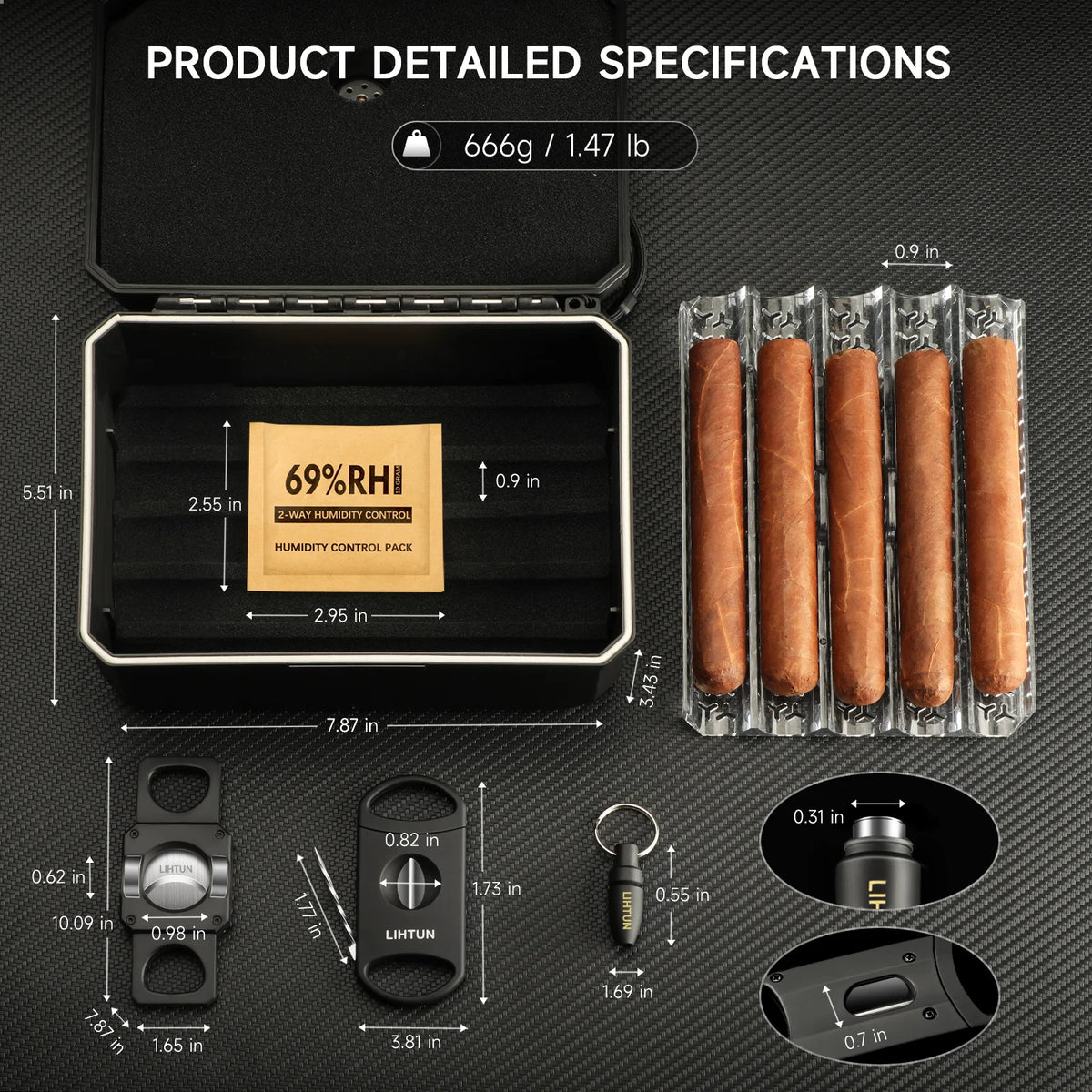 Travel Humidor Box Portable Cigar Case with Cutter and Lighter Holder