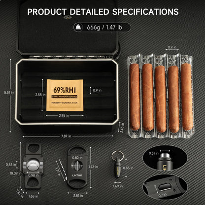 Travel Humidor Box Portable Cigar Case with Cutter and Lighter Holder